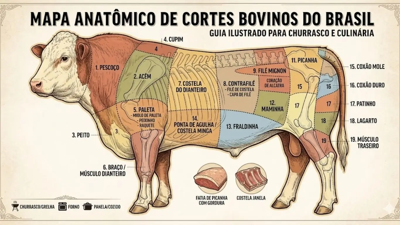 Conheça a anatomia do boi e descubra onde fica cada um dos cortes.